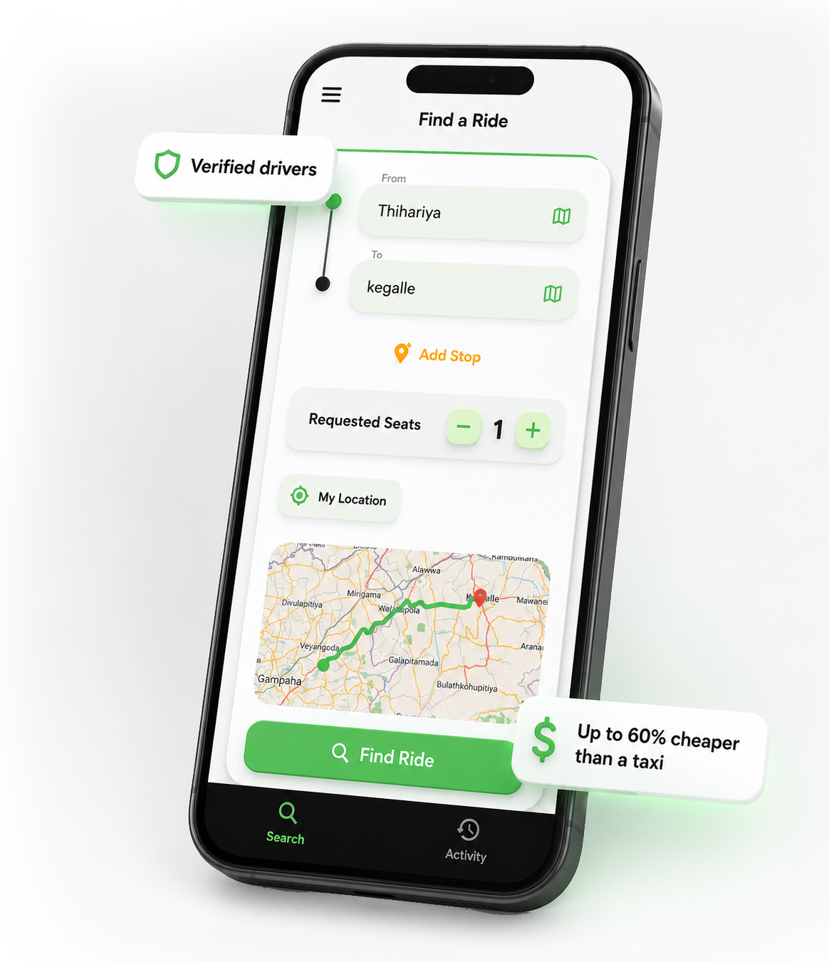 On The Way app on a phone — finding a ride from Thihariya to Kegalle, with verified drivers and fares up to 60% cheaper than a taxi